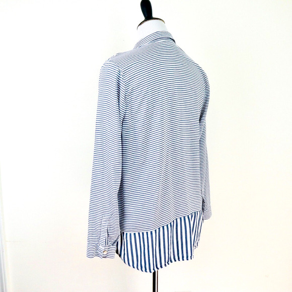 J Jill Size L Woven Rayon Button Down Shirt Contrast Stripe Blue White - Picture 3 of 9